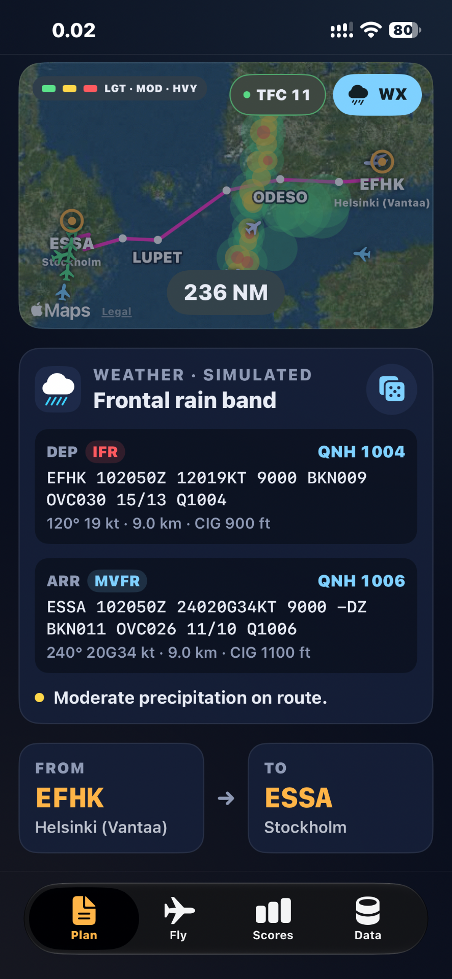 Simulated weather card with departure and arrival METARs and route map