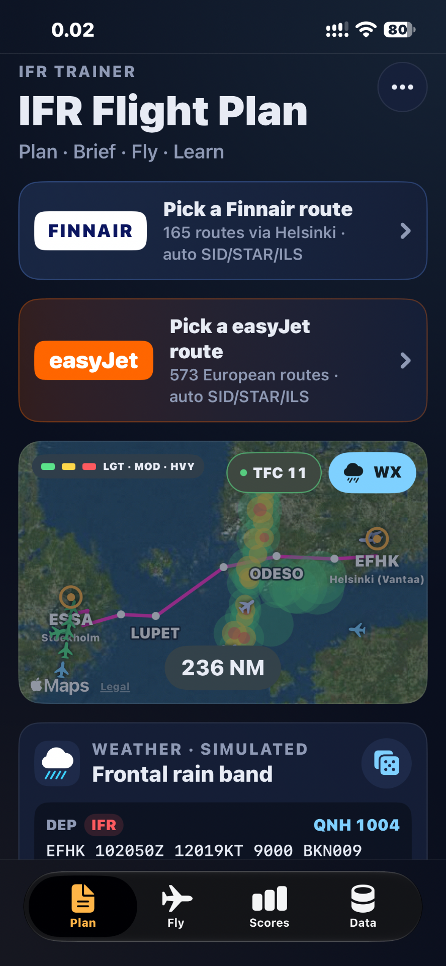 IFR flight plan screen with route picker and route map from EFHK to ESSA