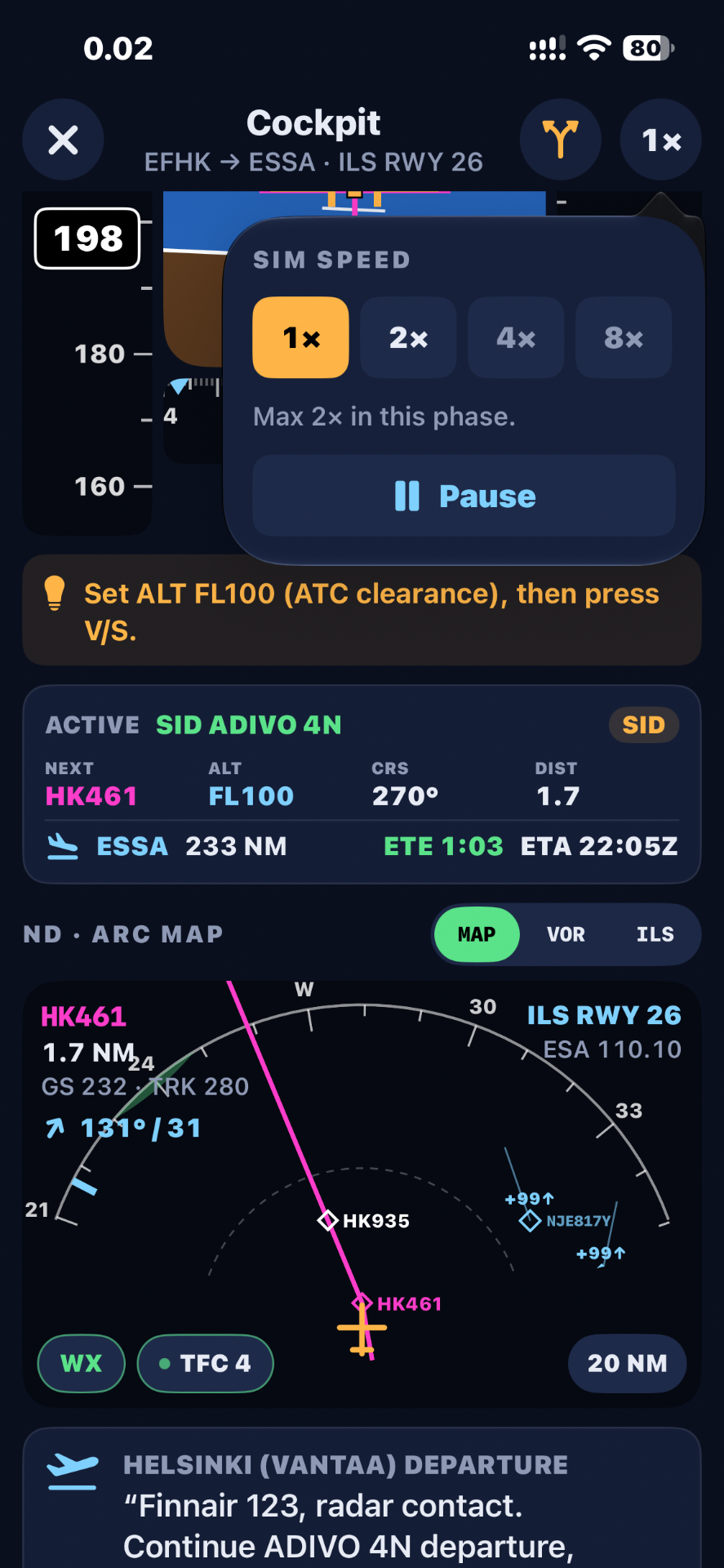 SID departure tracking towards waypoint HK461 with next waypoint, altitude, course and distance